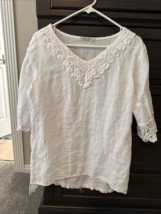 Marina Gigli Tops - Marina Rinaldi White Linen V-Neck Crochet-Trim Blouse